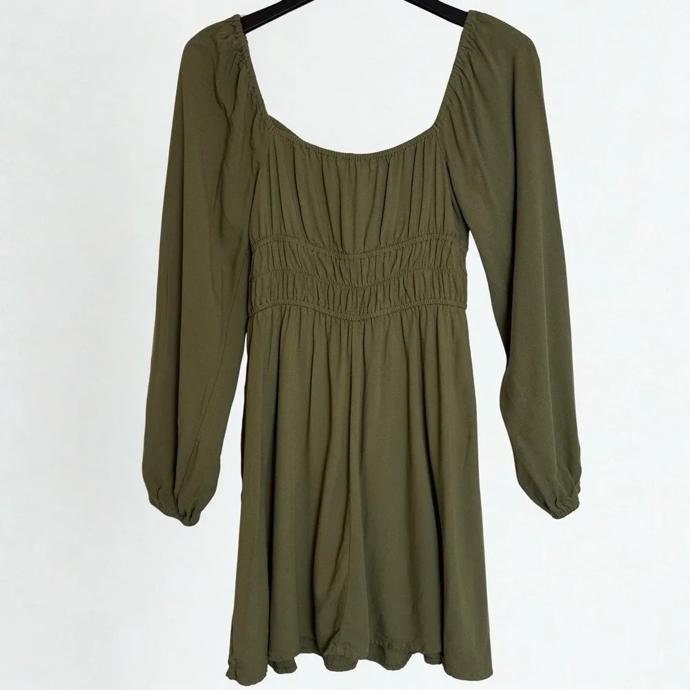 Cottage Core Mini Dress Size Small Smocked Green/Olive FairyCore Long Sleeve - Picture 3 of 9